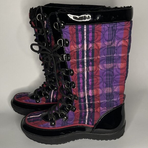 COACH Peggey W sz 8 B Plaid Purple Metallic Shearling Quilted Logo Boot Shoes - Picture 6 of 14